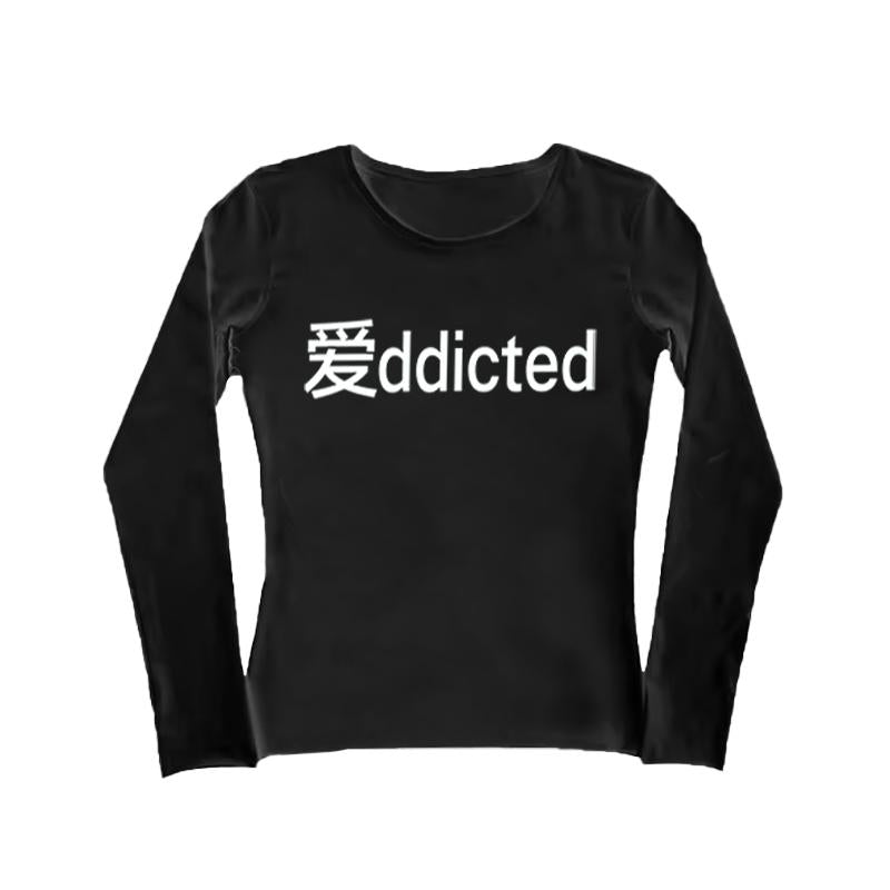 Gothic letter long T-shirt round neck retro rock grunge punk Y2K top versatile slim urban casual