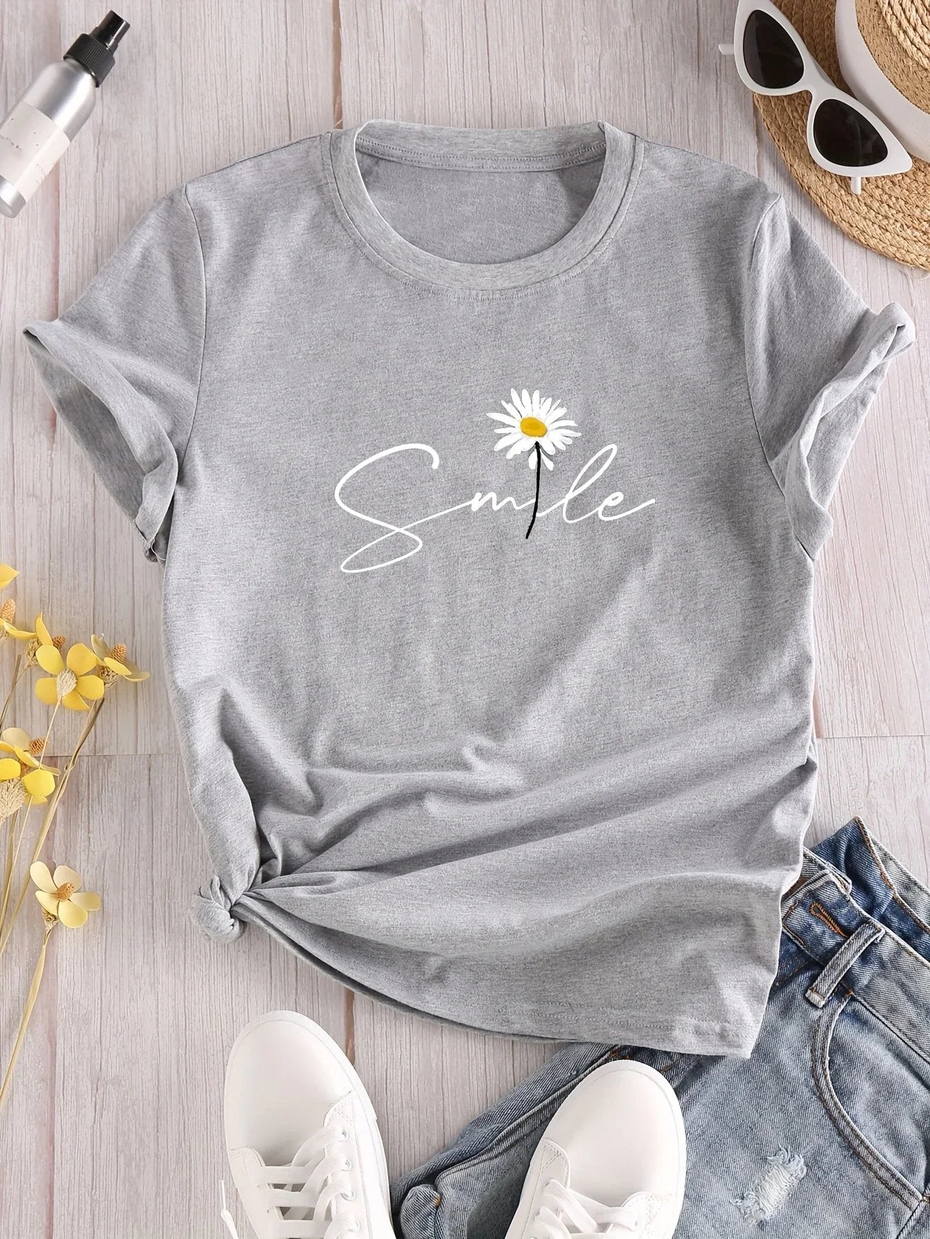 Flower & Letter Print Crew Neck T-Shirt Casual Short Sleeve T-Shirt for Summer Women's Clothing