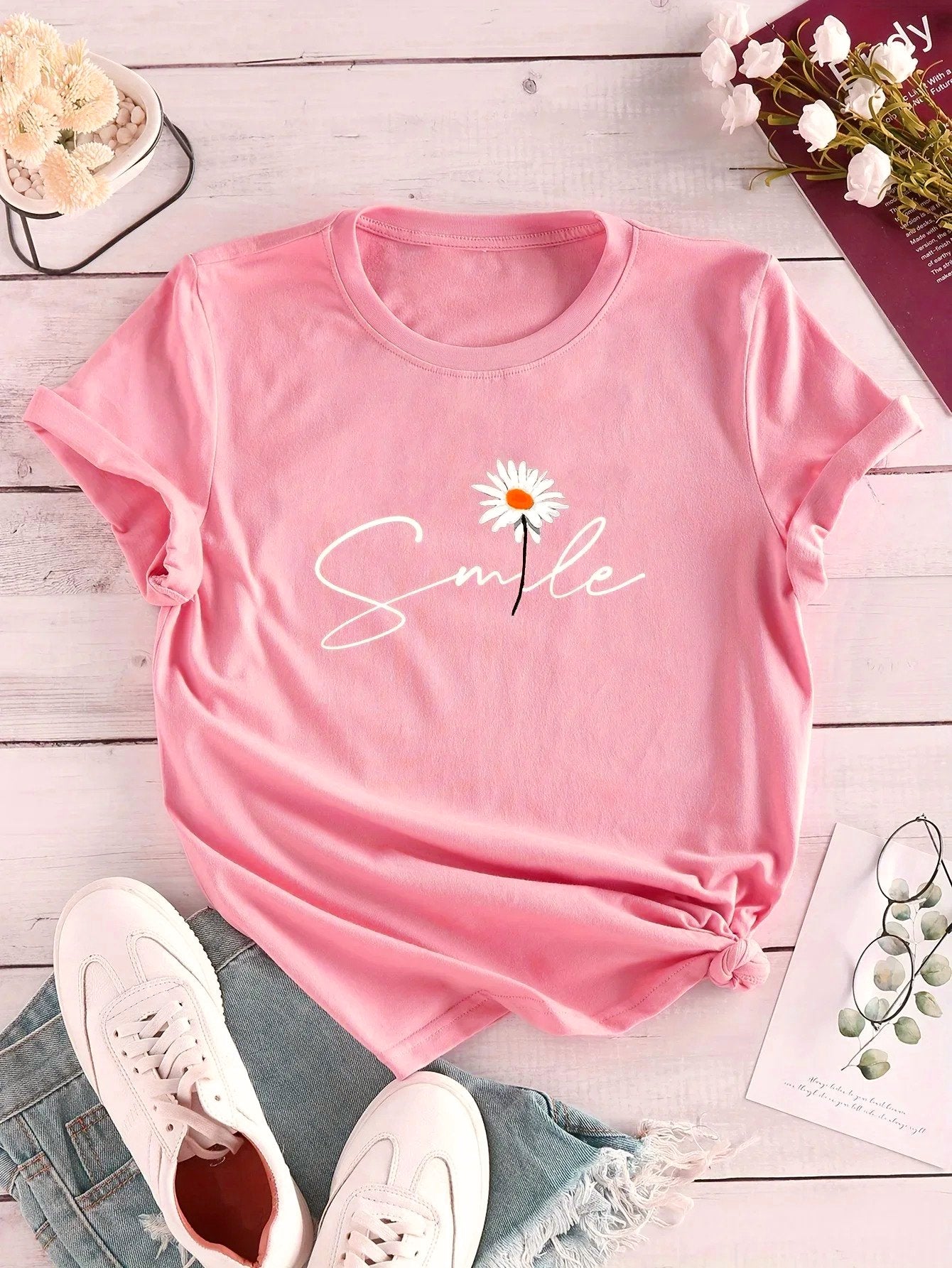Flower & Letter Print Crew Neck T-Shirt Casual Short Sleeve T-Shirt for Summer Women's Clothing