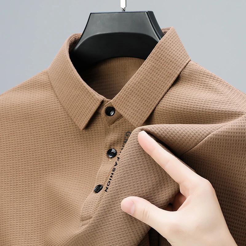 Sports Shirt Mens Waffle Long Sleeved POLO Shirt with Letter Printed Lapel Casual Top