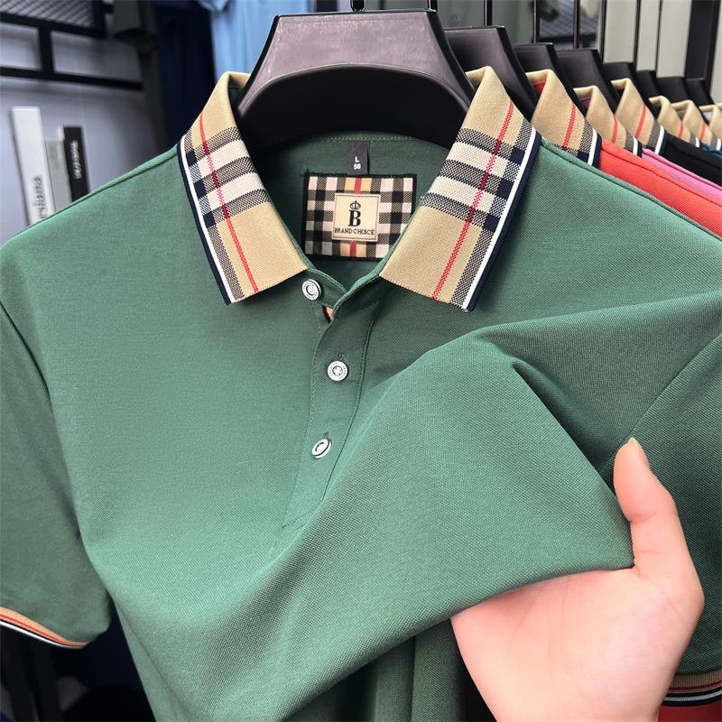 Sports Shirt High end silky cotton breathable short sleeve polo shirt mens summer new trend plaid lapel designer