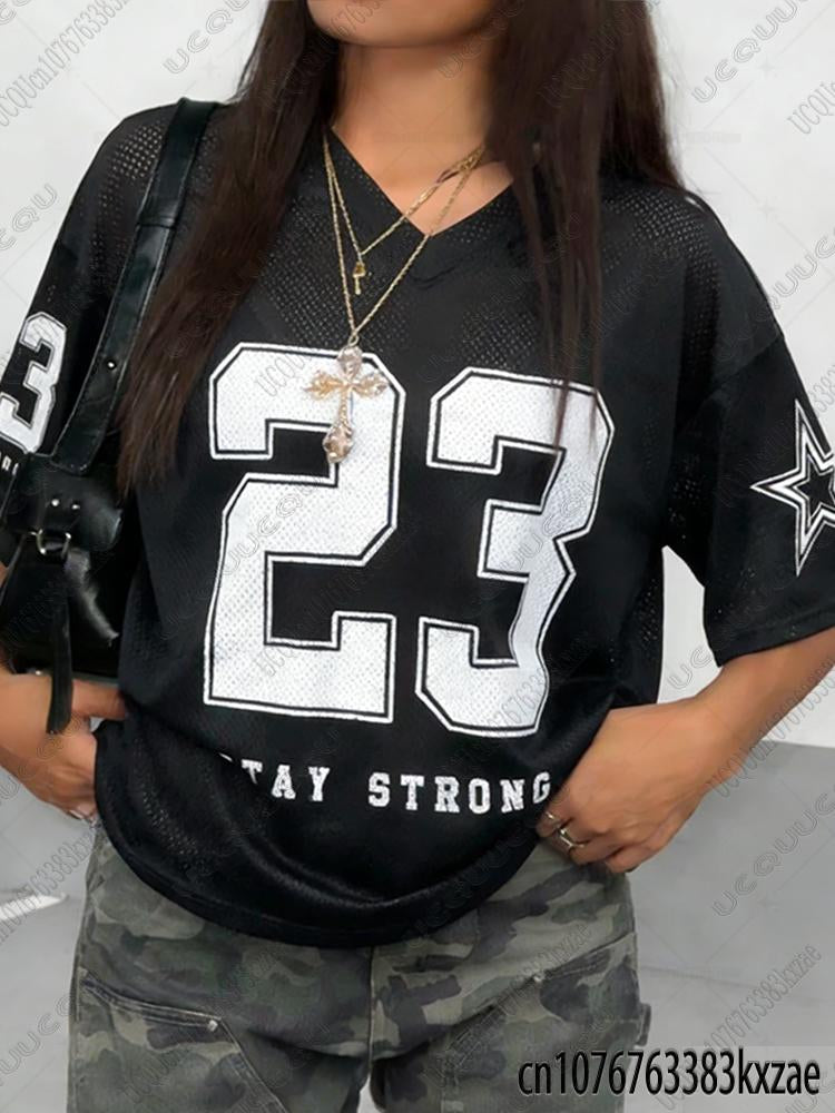 2026 Summer Black Speed 23 Printed T-Shirt For Women V-Neck Short Sleeve Sports Football Jersey Y2K
