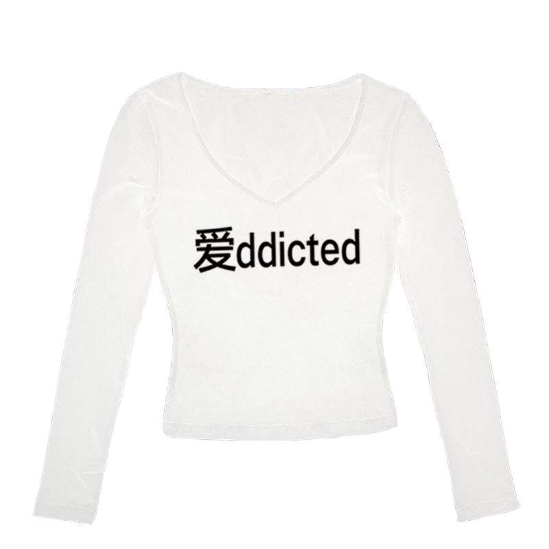 Gothic letter long T-shirt round neck retro rock grunge punk Y2K top versatile slim urban casual