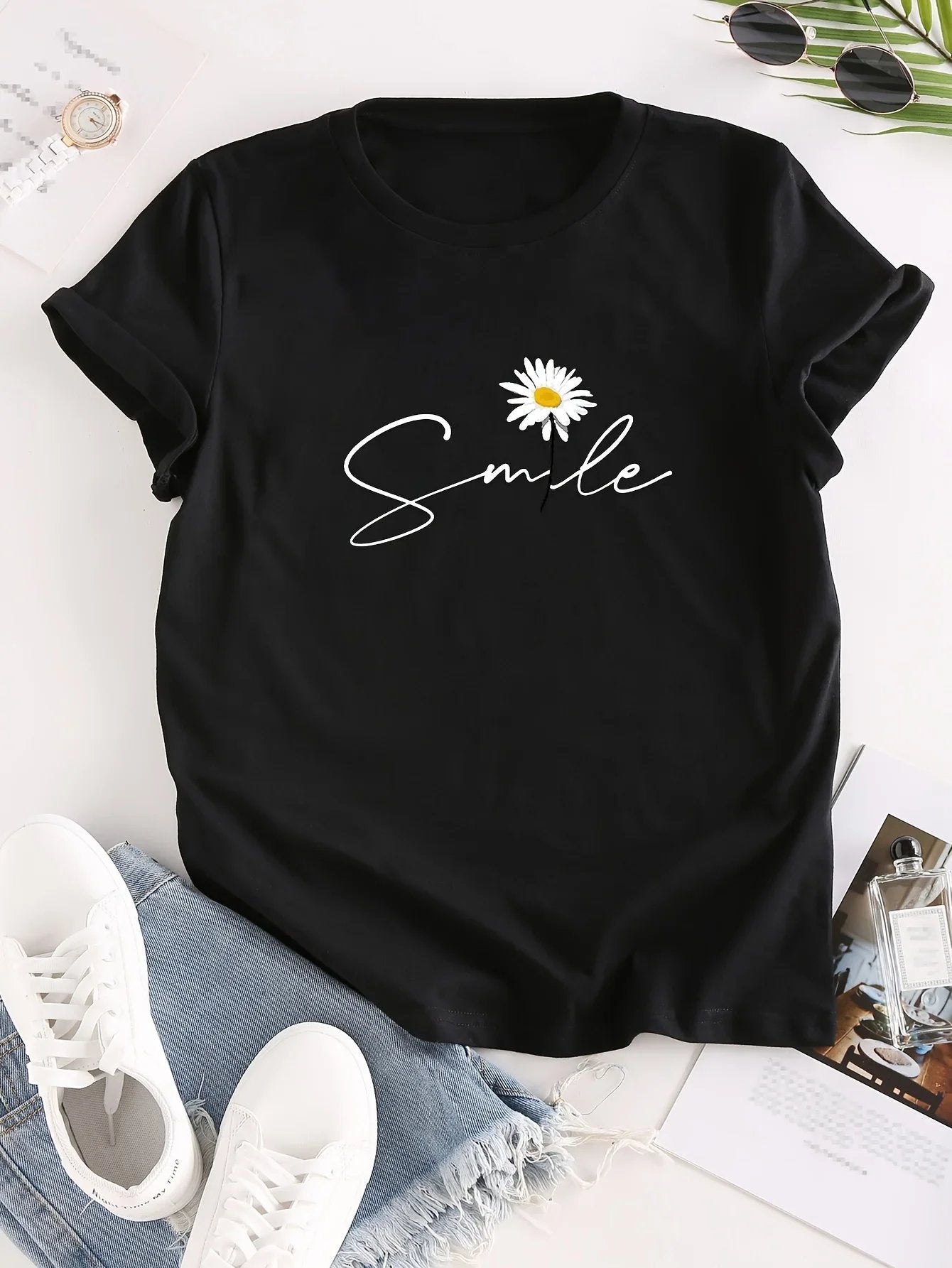 Flower & Letter Print Crew Neck T-Shirt Casual Short Sleeve T-Shirt for Summer Women's Clothing