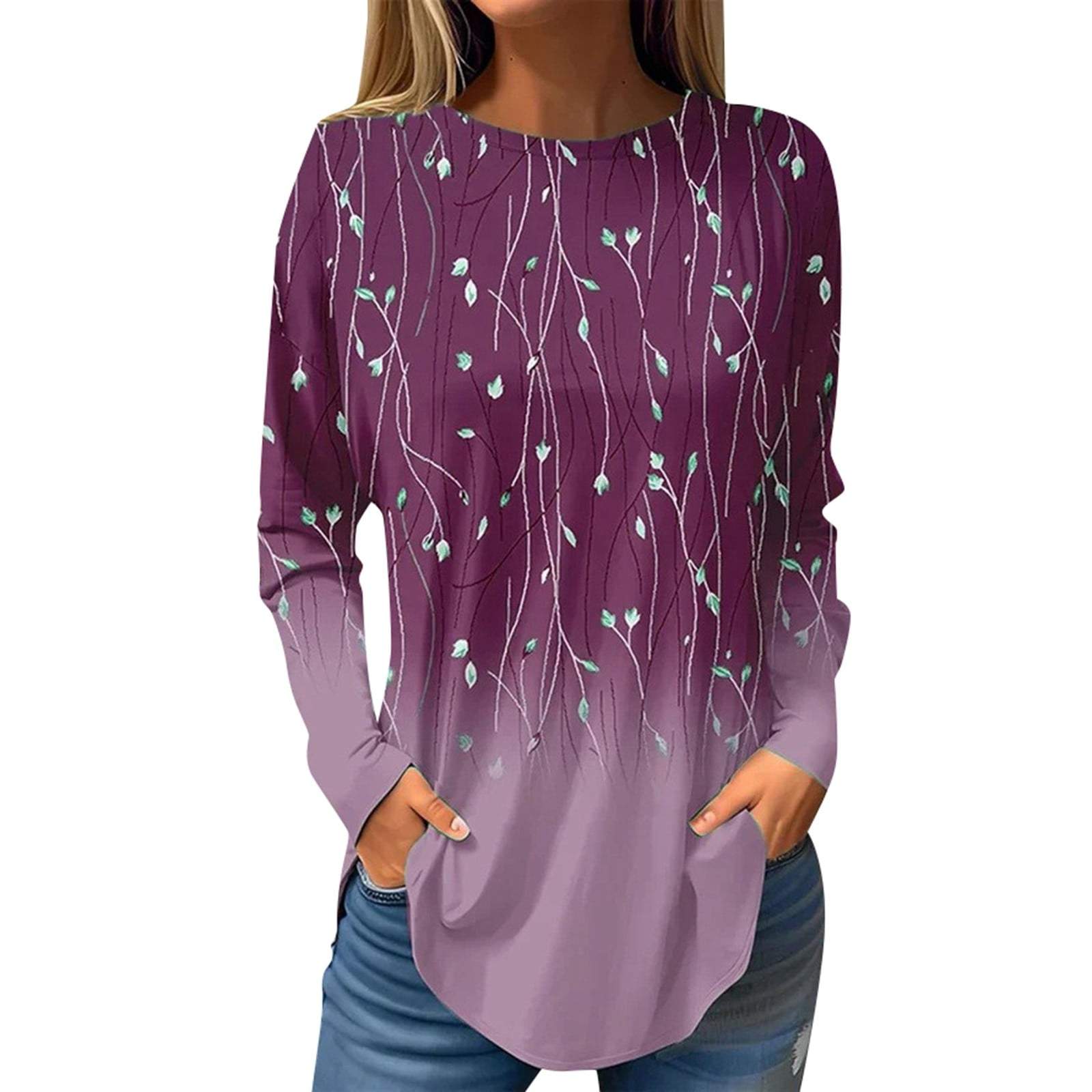 Fashion women's Long Sleeve T-shirt Round Neck Pullover Casual Plant Willow Branch Pattern 3d