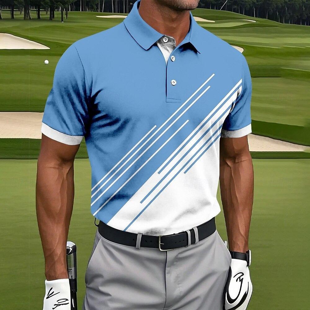 Sports Shirt Contrast Color Block Mens Polo Shirt Stripe Fit Sport Breathable Outdoor Short Sleeve Button Golf