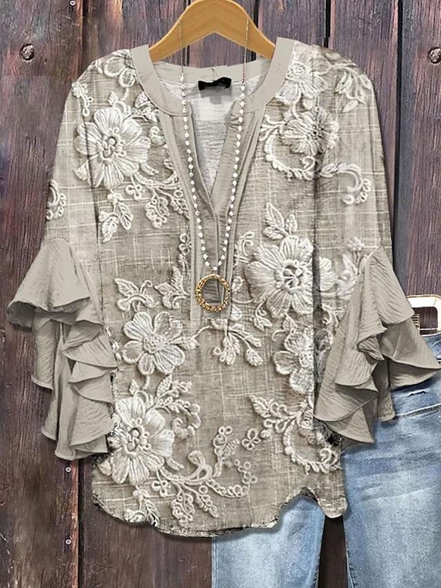 Fashion Women's All Over Print Ruffle Sleeve Shirt Lightweight Soft Loose Fit Blouse For Vacation