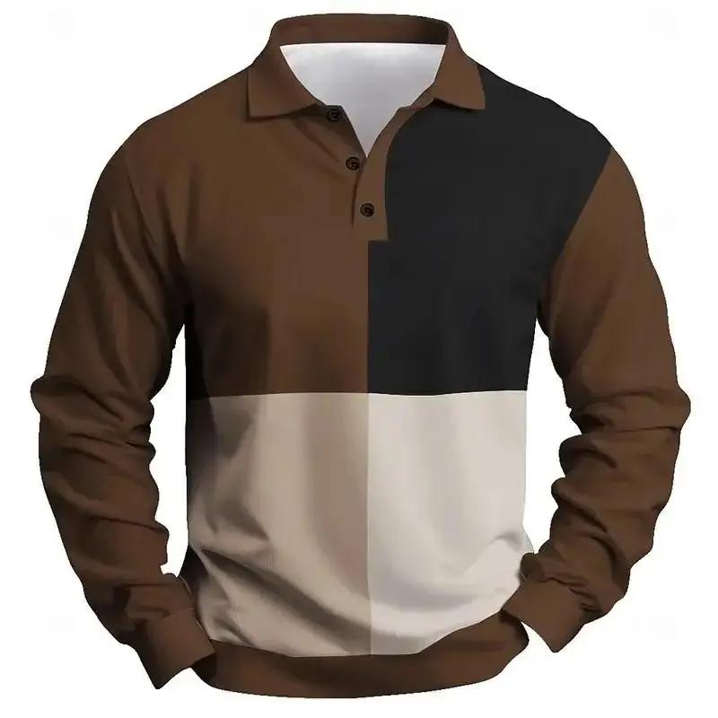 Sports Shirt New Men Clothes Spring Autumn Long Sleeve Spell Color Polo Shirt Men Sport Lapel Golf Polo Shirt