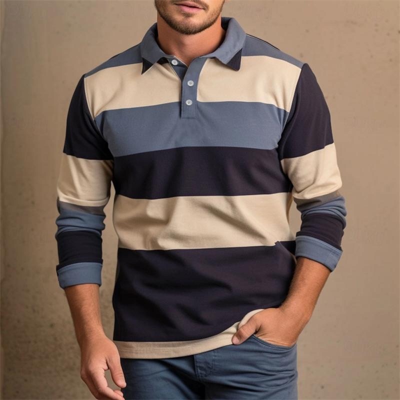 Sports Shirt Mens casual striped pattern polo shirt autumn outdoor street 3D printed long sleeved polo shirt
