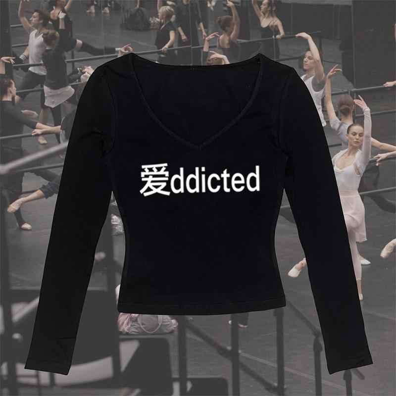 Gothic letter long T-shirt round neck retro rock grunge punk Y2K top versatile slim urban casual