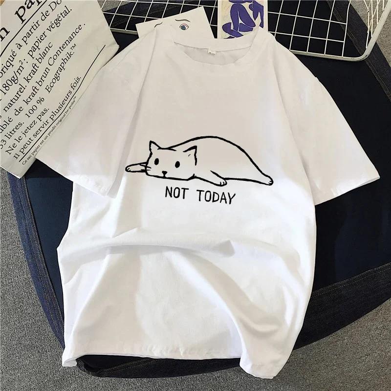 90s Graphic Rock Top Tees Female Simple Brush Drawing Cat T Shirt Harajuku Vintage T-shirt Fashion