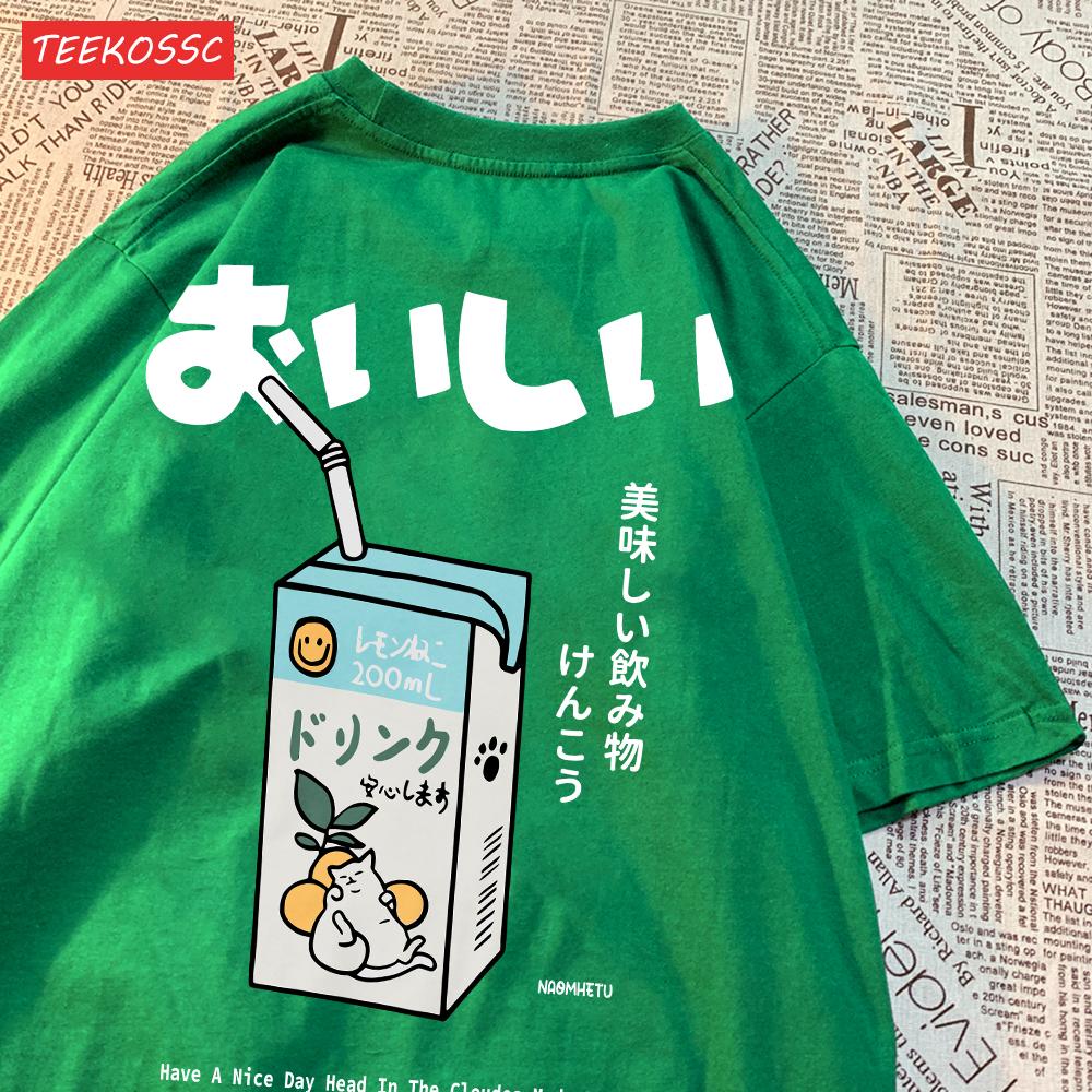 Cute Japanese Cat Print Oversized T-shirt Women Men Short Sleeve Loose Casual Tee Shirt Streetwear