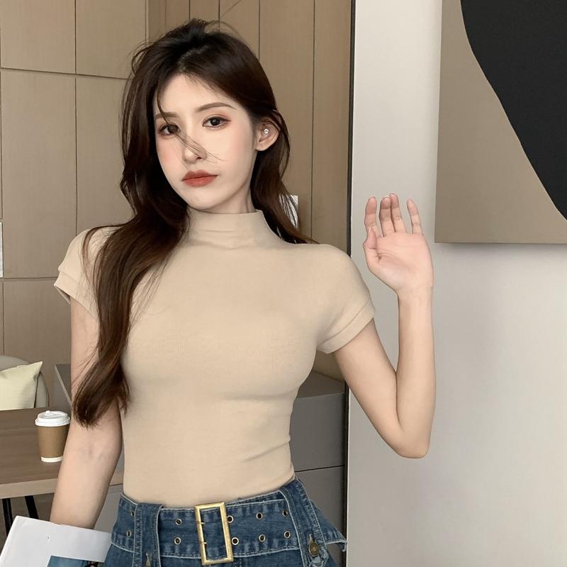Korean Fashion Basic Crop Top Lady Short Sleeve Crewneck Skinny T-shirt Summer Tee for Women Vintage