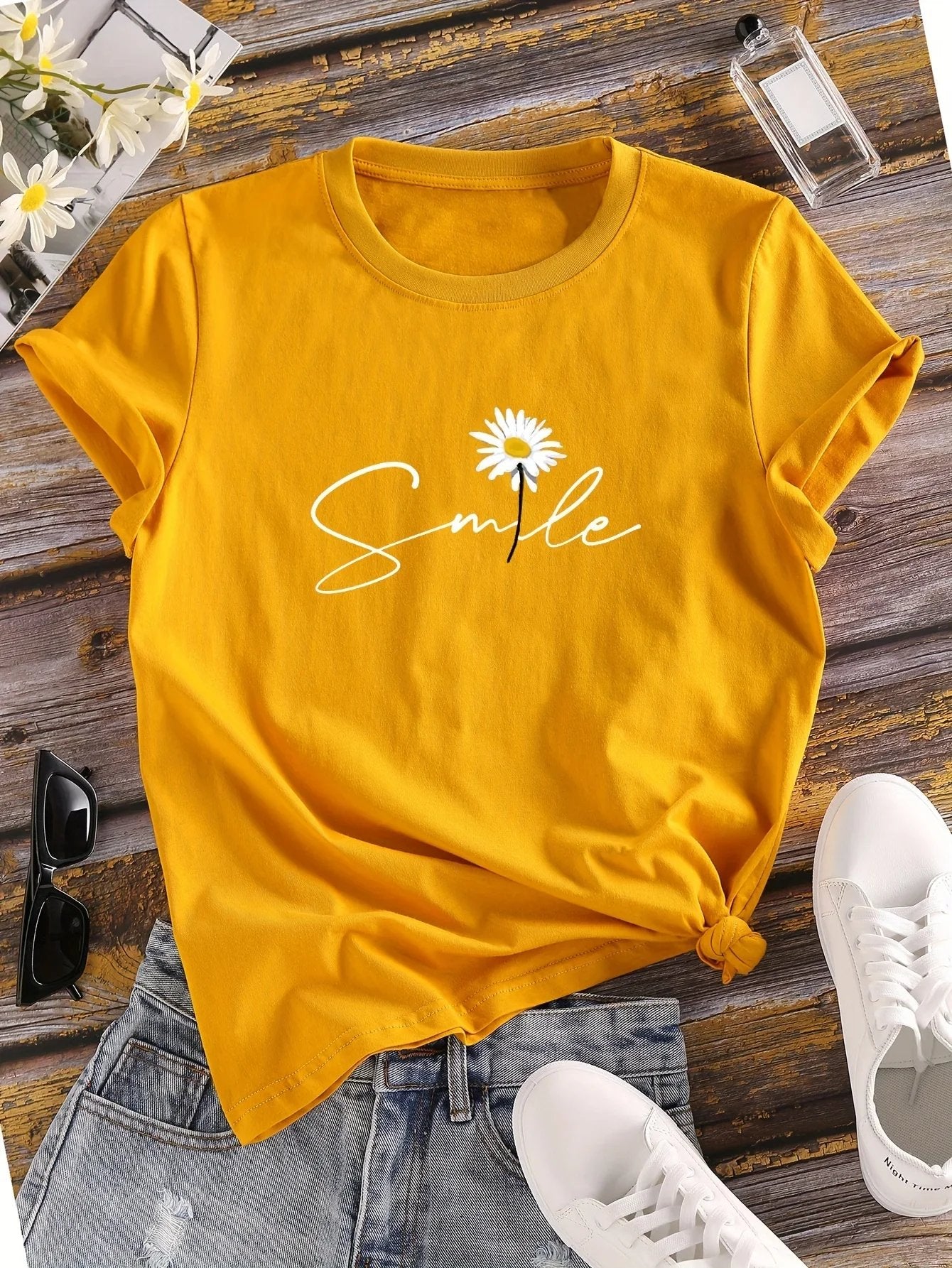 Flower & Letter Print Crew Neck T-Shirt Casual Short Sleeve T-Shirt for Summer Women's Clothing