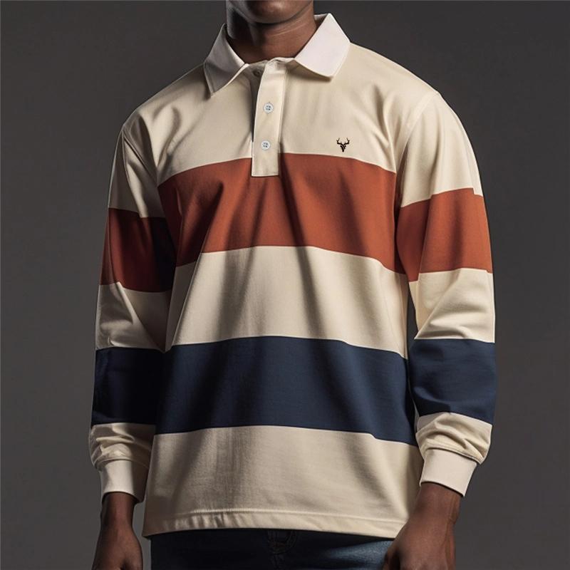Sports Shirt Mens casual striped pattern polo shirt autumn outdoor street 3D printed long sleeved polo shirt