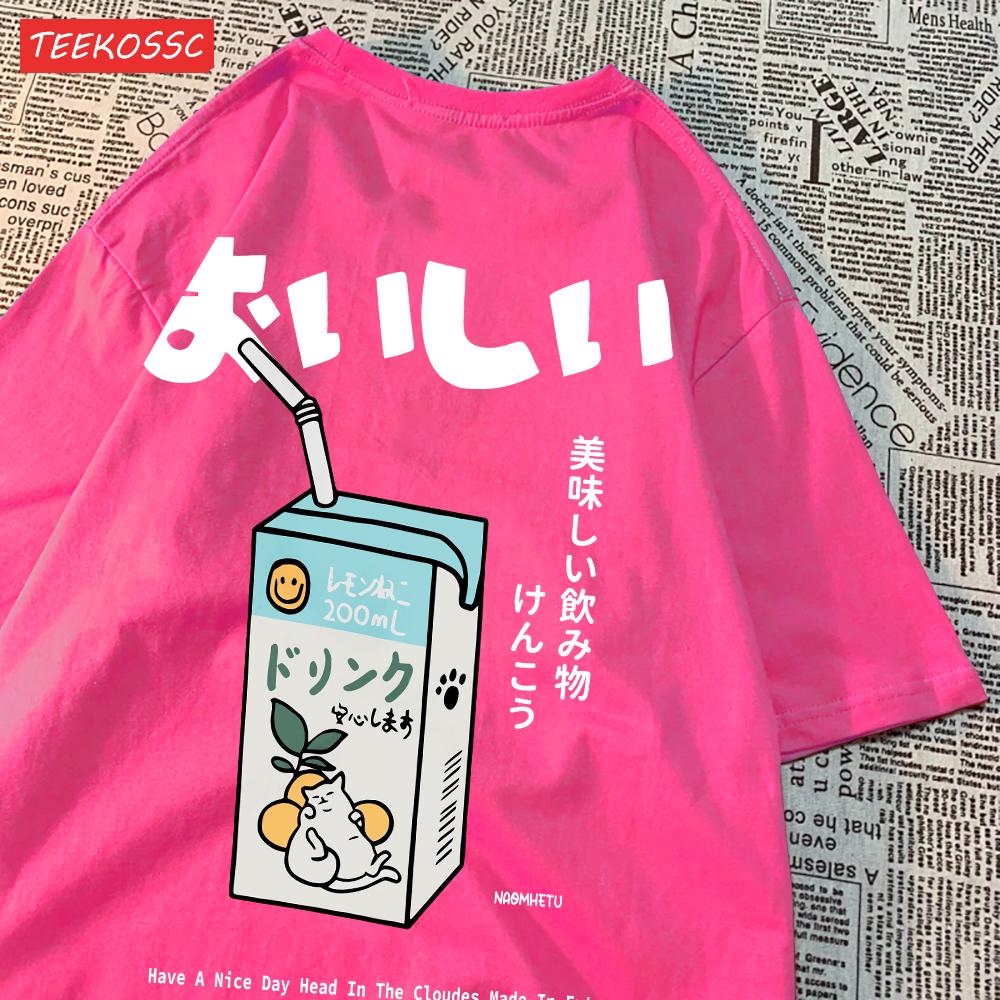 Cute Japanese Cat Print Oversized T-shirt Women Men Short Sleeve Loose Casual Tee Shirt Streetwear