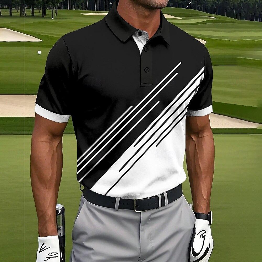 Sports Shirt Contrast Color Block Mens Polo Shirt Stripe Fit Sport Breathable Outdoor Short Sleeve Button Golf