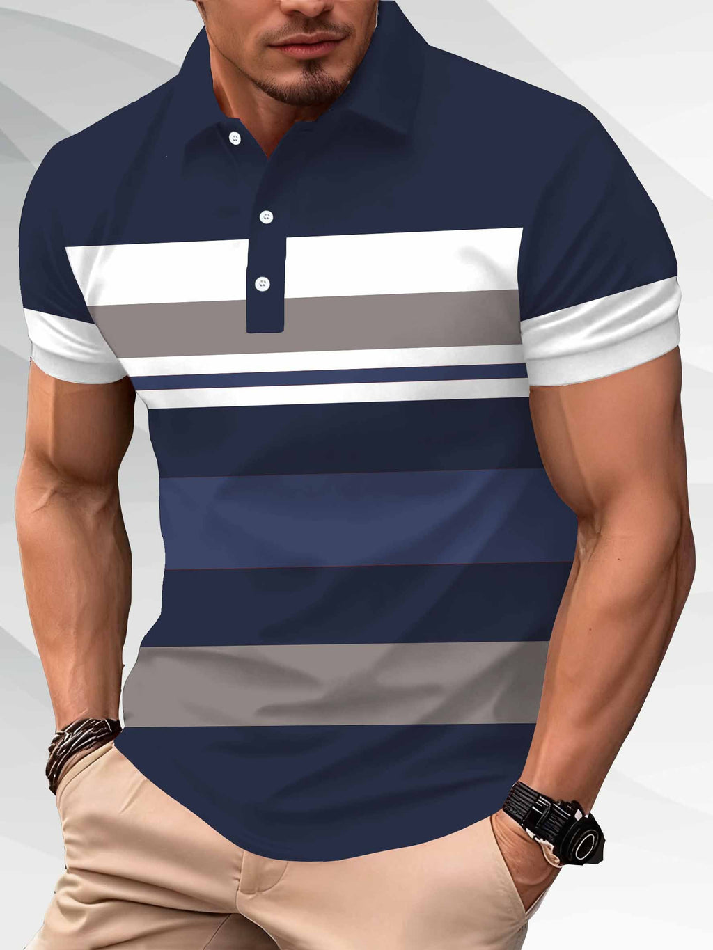 Sports Shirt 2026 Summer New Style Mens Short-Sleeved Polo Shirt with 3D Stripes Pattern Print - Street Casual