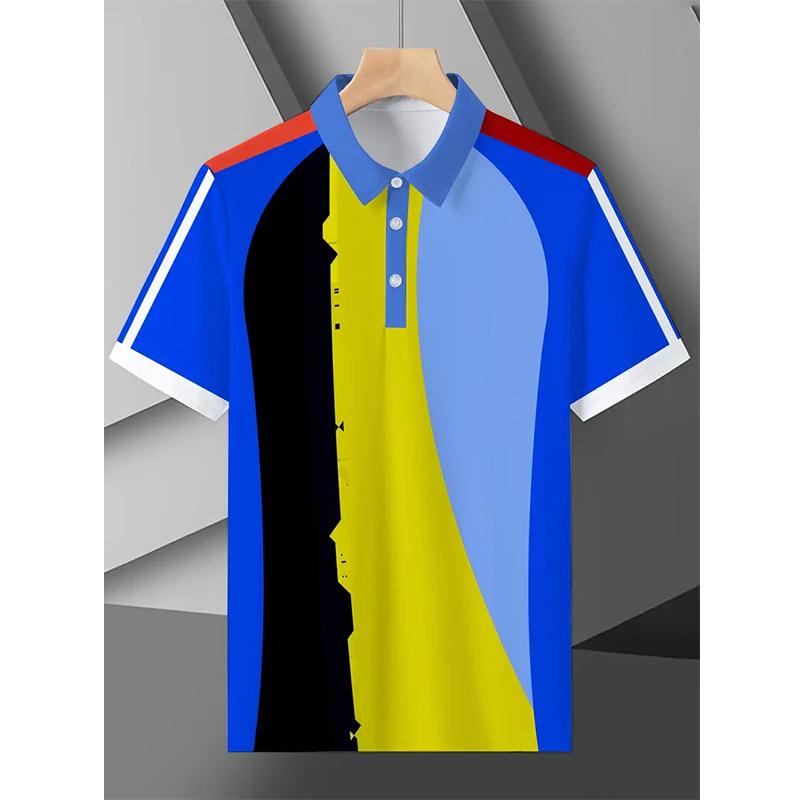 Sports Shirt New Spring Autumn 3D Digital Print Stripe Plaid Sport Short Sleeve Polo Shirt Men Business Casual