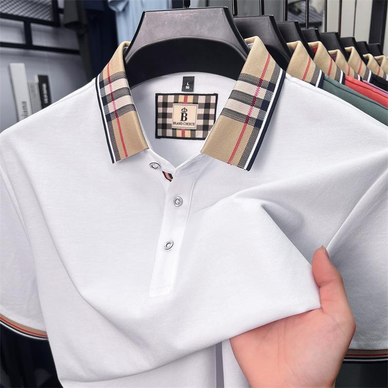 Sports Shirt High end silky cotton breathable short sleeve polo shirt mens summer new trend plaid lapel designer