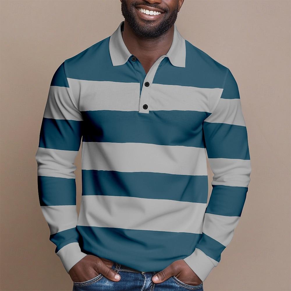 Sports Shirt 2026 Fashion Mens Stripes Long Sleeve Polo Shirt Breathable Business Casual Top Slim Fit Quick Dry