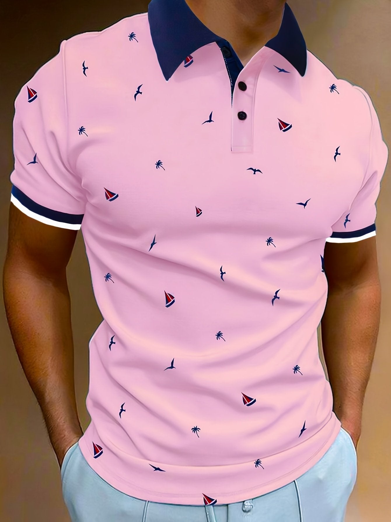 Sports Shirt 2026 Summer Mens Contrasting Collar Design Lapel Print Button Clothing Fashionable Design Casual