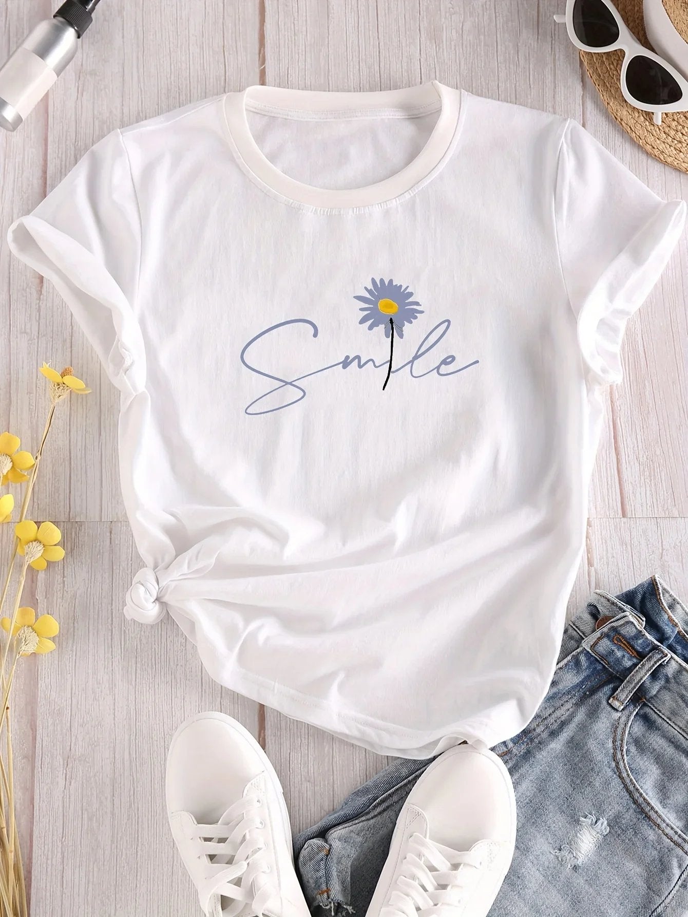 Flower & Letter Print Crew Neck T-Shirt Casual Short Sleeve T-Shirt for Summer Women's Clothing