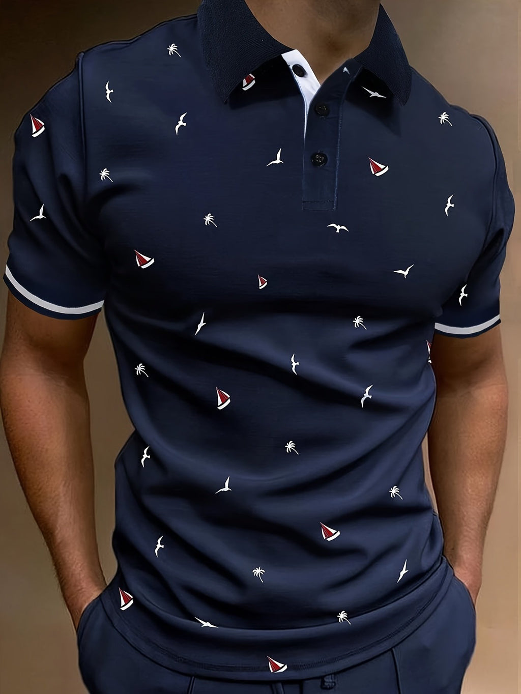 Sports Shirt 2026 Summer Mens Contrasting Collar Design Lapel Print Button Clothing Fashionable Design Casual