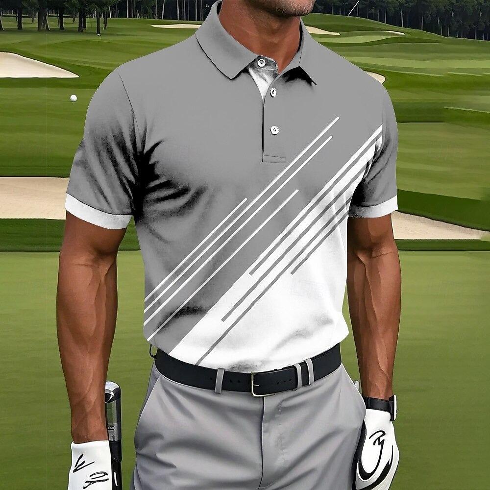 Sports Shirt Contrast Color Block Mens Polo Shirt Stripe Fit Sport Breathable Outdoor Short Sleeve Button Golf