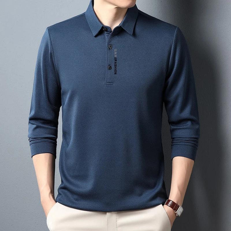 Sports Shirt Mens Waffle Long Sleeved POLO Shirt with Letter Printed Lapel Casual Top