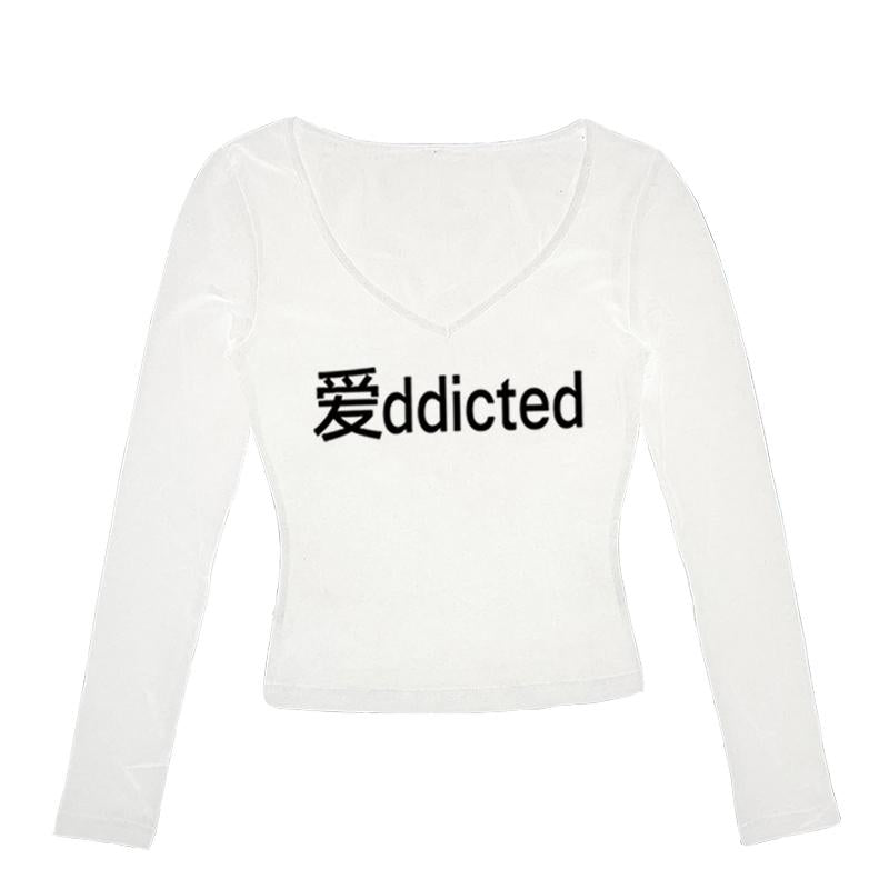 Gothic letter long T-shirt round neck retro rock grunge punk Y2K top versatile slim urban casual