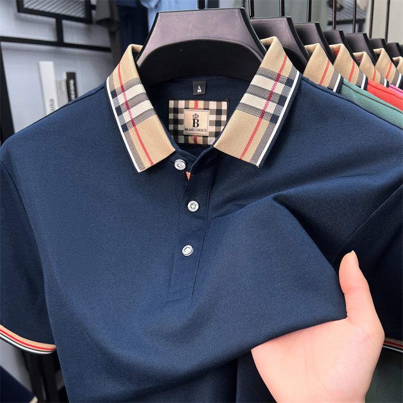 Sports Shirt High end silky cotton breathable short sleeve polo shirt mens summer new trend plaid lapel designer