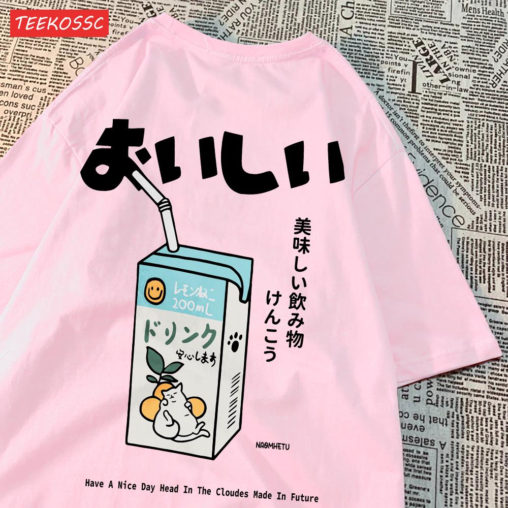 Cute Japanese Cat Print Oversized T-shirt Women Men Short Sleeve Loose Casual Tee Shirt Streetwear