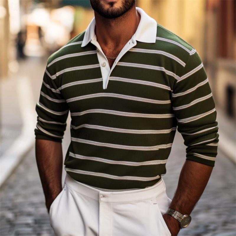 Sports Shirt Mens casual striped pattern polo shirt autumn outdoor street 3D printed long sleeved polo shirt