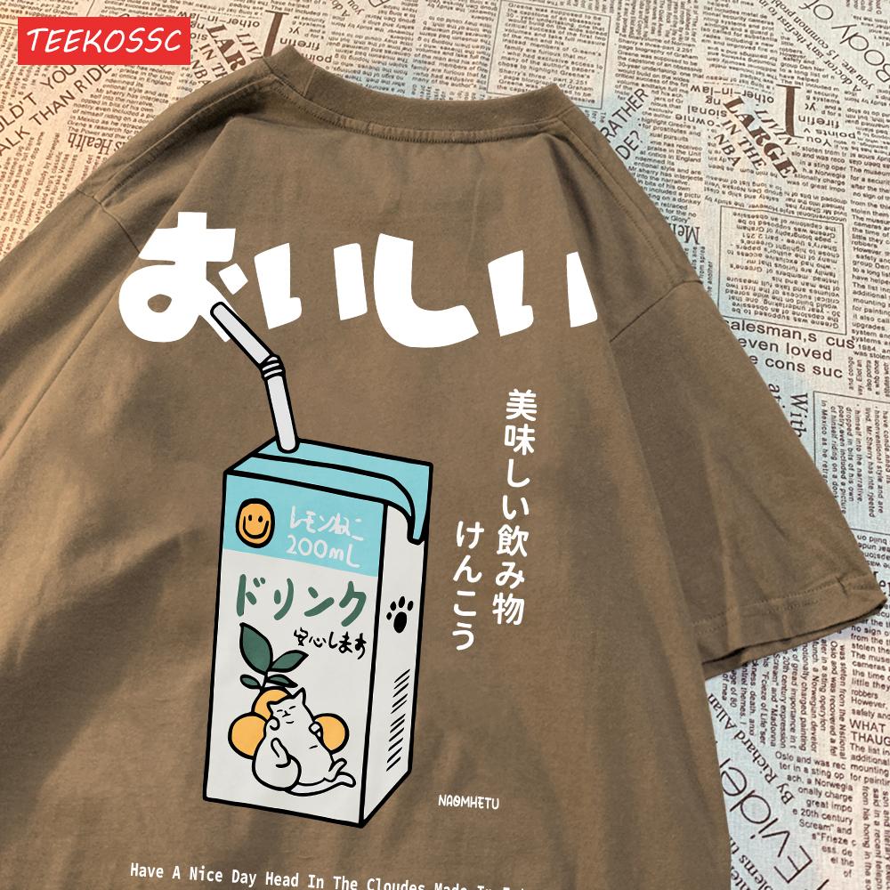 Cute Japanese Cat Print Oversized T-shirt Women Men Short Sleeve Loose Casual Tee Shirt Streetwear