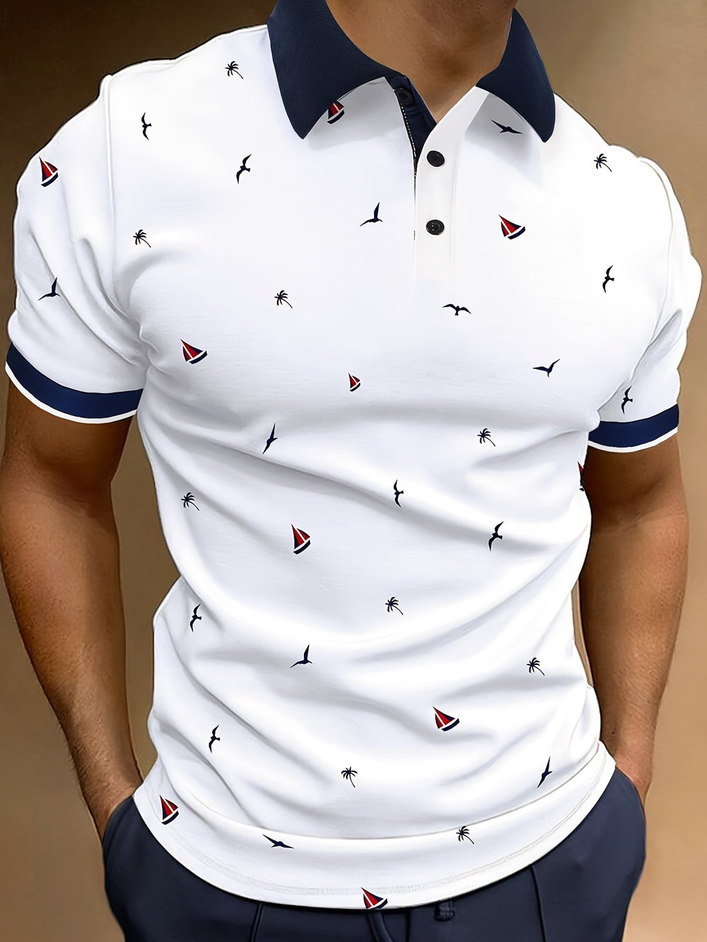 Sports Shirt 2026 Summer Mens Contrasting Collar Design Lapel Print Button Clothing Fashionable Design Casual
