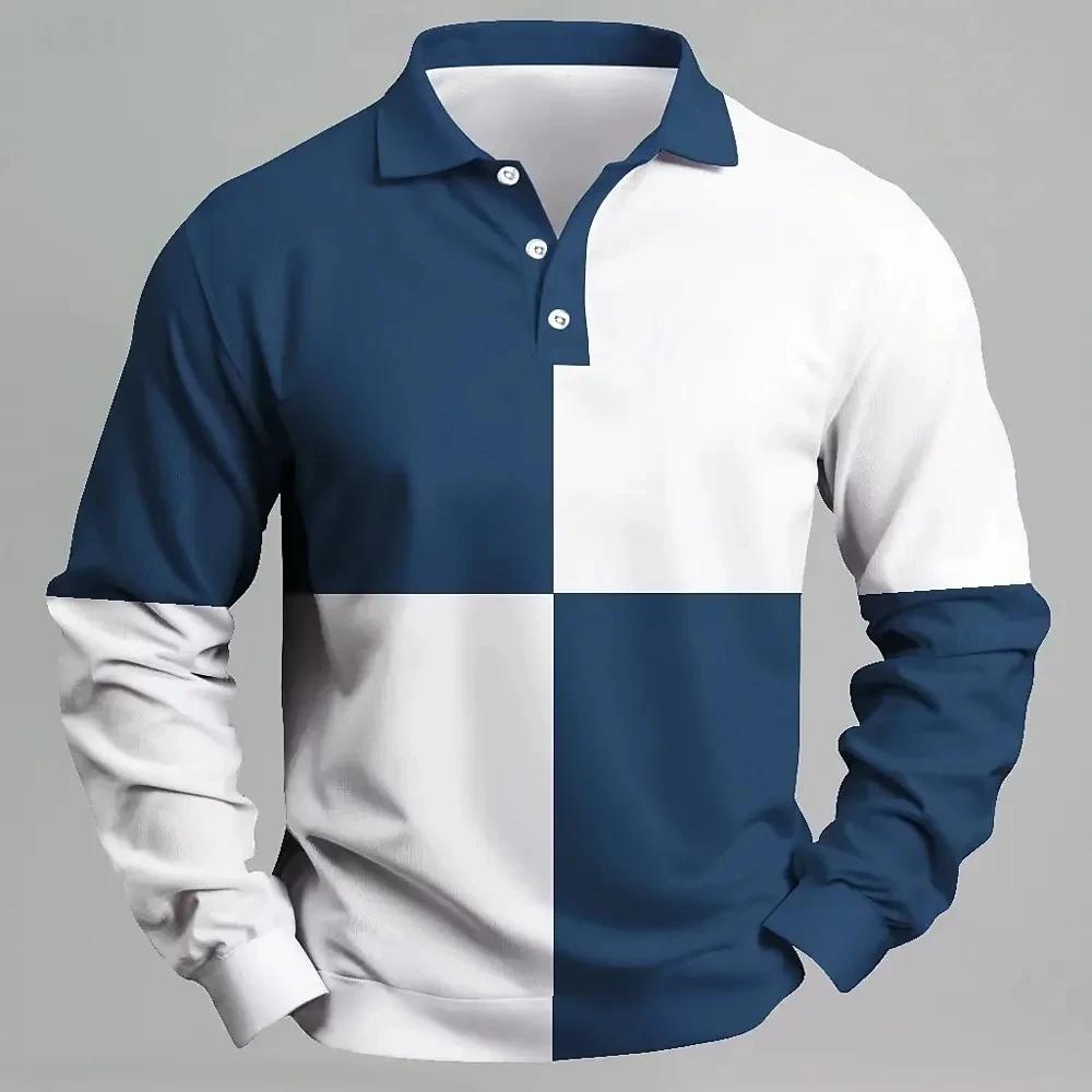 Sports Shirt New Men Clothes Spring Autumn Long Sleeve Spell Color Polo Shirt Men Sport Lapel Golf Polo Shirt