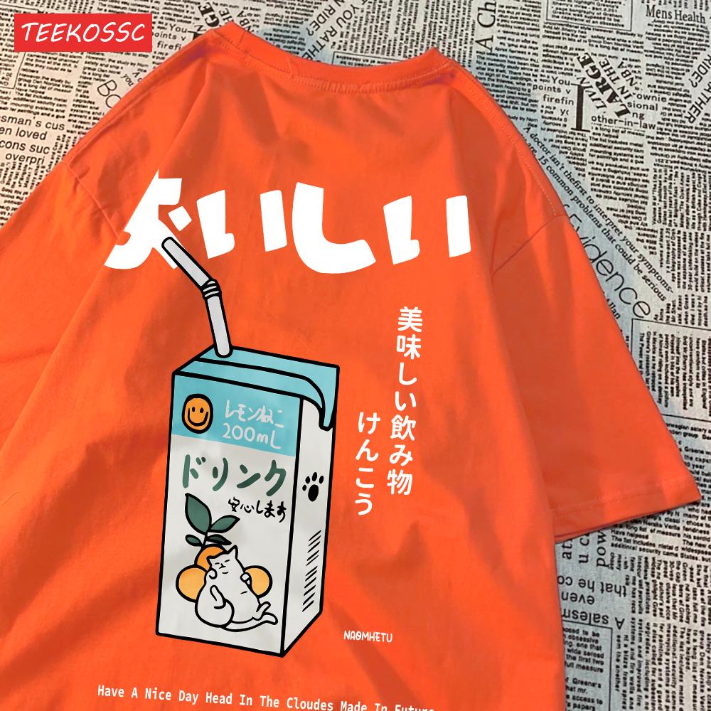 Cute Japanese Cat Print Oversized T-shirt Women Men Short Sleeve Loose Casual Tee Shirt Streetwear