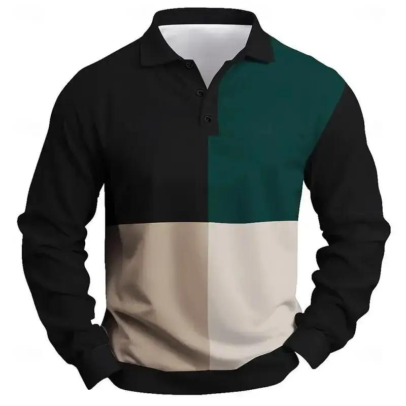 Sports Shirt New Men Clothes Spring Autumn Long Sleeve Spell Color Polo Shirt Men Sport Lapel Golf Polo Shirt