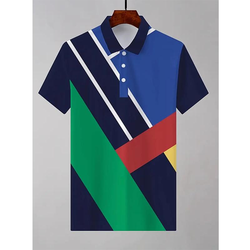 Sports Shirt New Spring Autumn 3D Digital Print Stripe Plaid Sport Short Sleeve Polo Shirt Men Business Casual