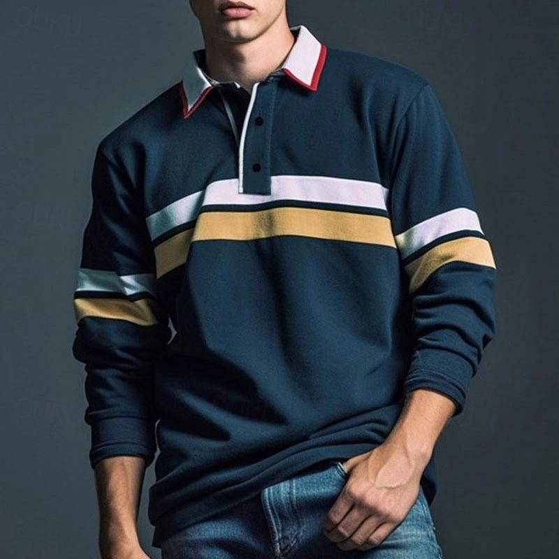 Sports Shirt Mens casual striped pattern polo shirt autumn outdoor street 3D printed long sleeved polo shirt