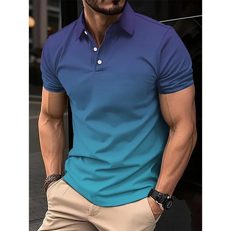 Sports Shirt Mens fashion gradient color shirt polo lapel golf shirt short-sleeved printed button clothing