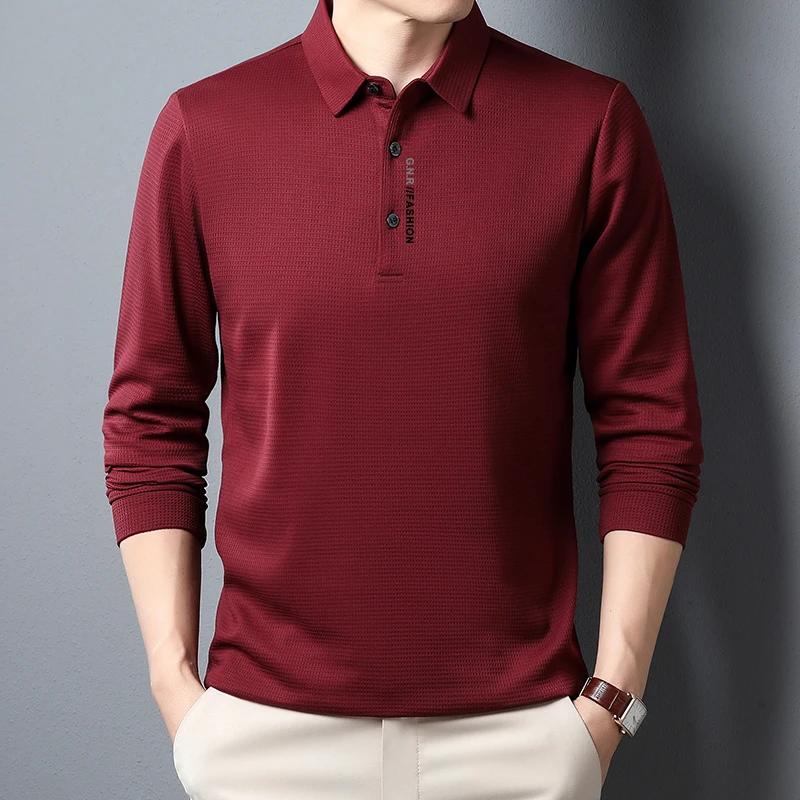 Sports Shirt Mens Waffle Long Sleeved POLO Shirt with Letter Printed Lapel Casual Top