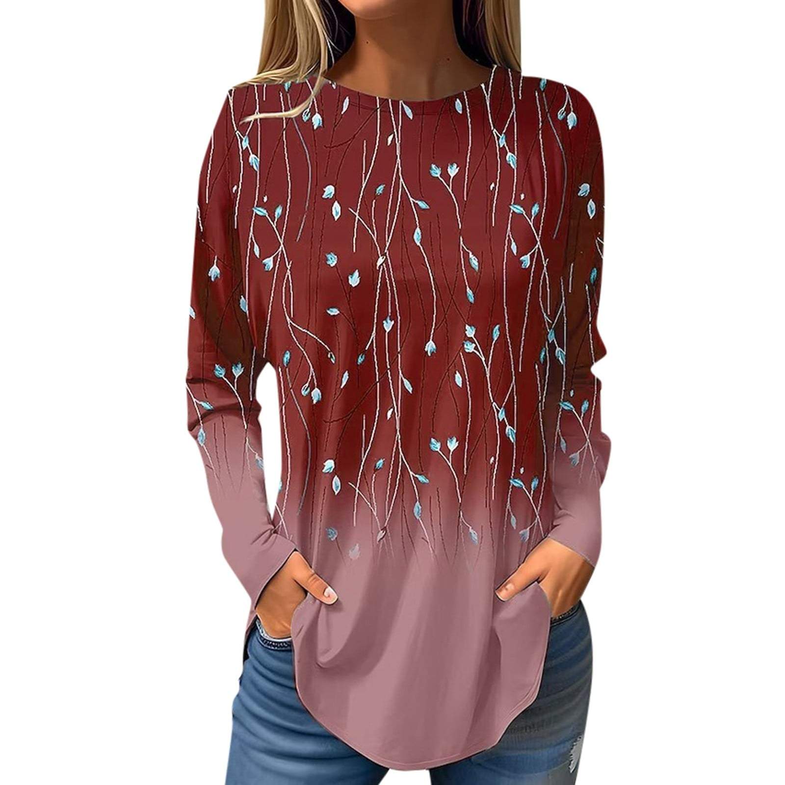 Fashion women's Long Sleeve T-shirt Round Neck Pullover Casual Plant Willow Branch Pattern 3d