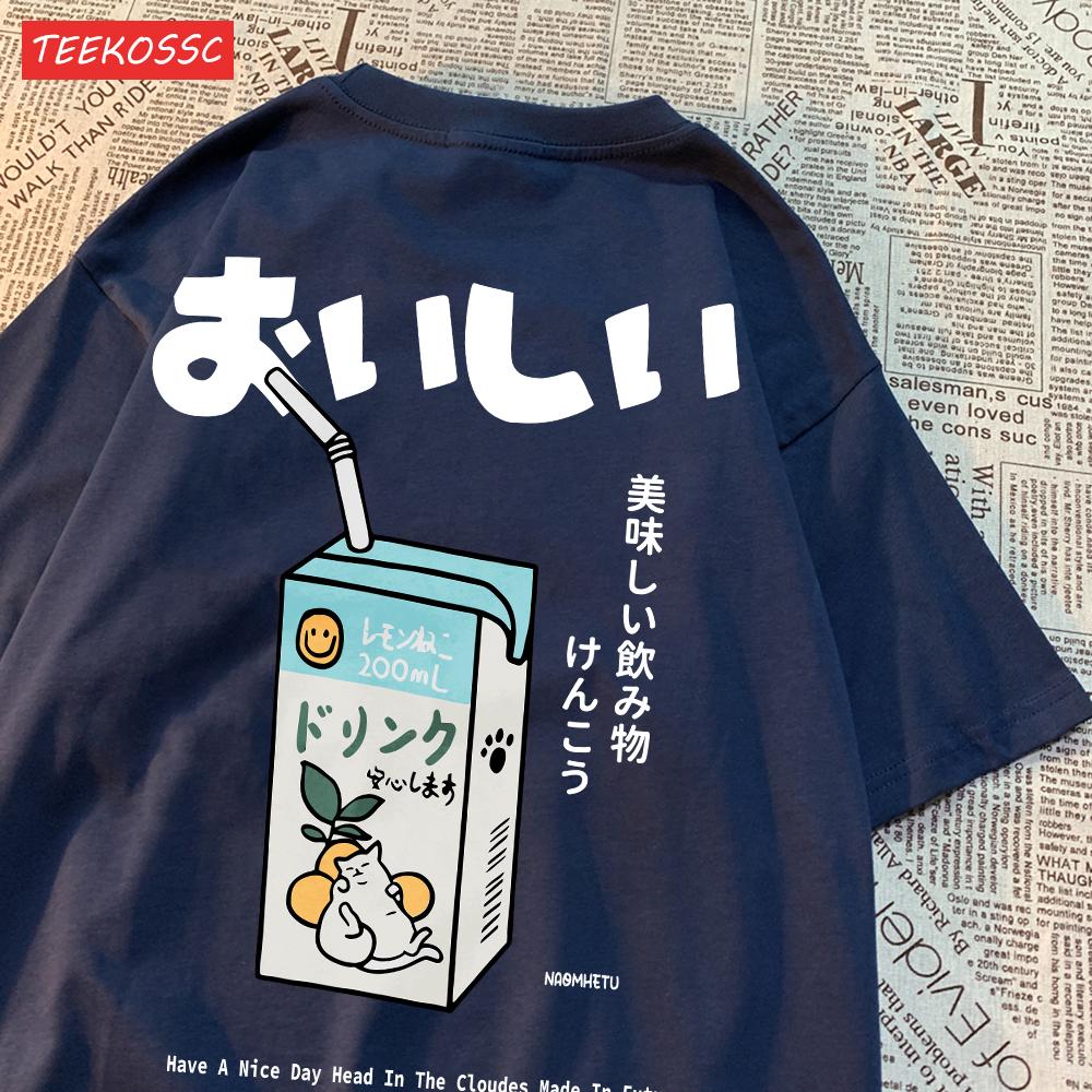 Cute Japanese Cat Print Oversized T-shirt Women Men Short Sleeve Loose Casual Tee Shirt Streetwear
