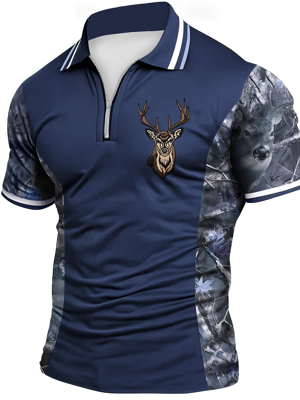 Sports Shirt 2026 Summer New Style Mens Zippered Polo Shirt with 3D Elk Pattern Print for Street Casual Fashion