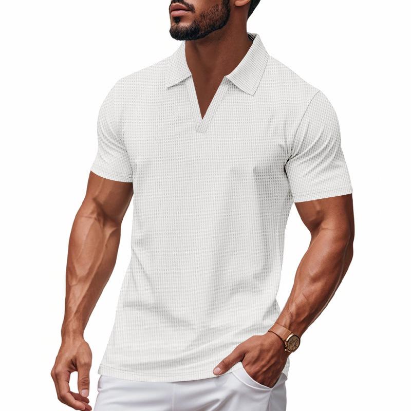Sports Shirt 2026 Summer New Polo Collar Casual Fashion Mens Clothing Waffle Short Sleeve Solid Color Casual V