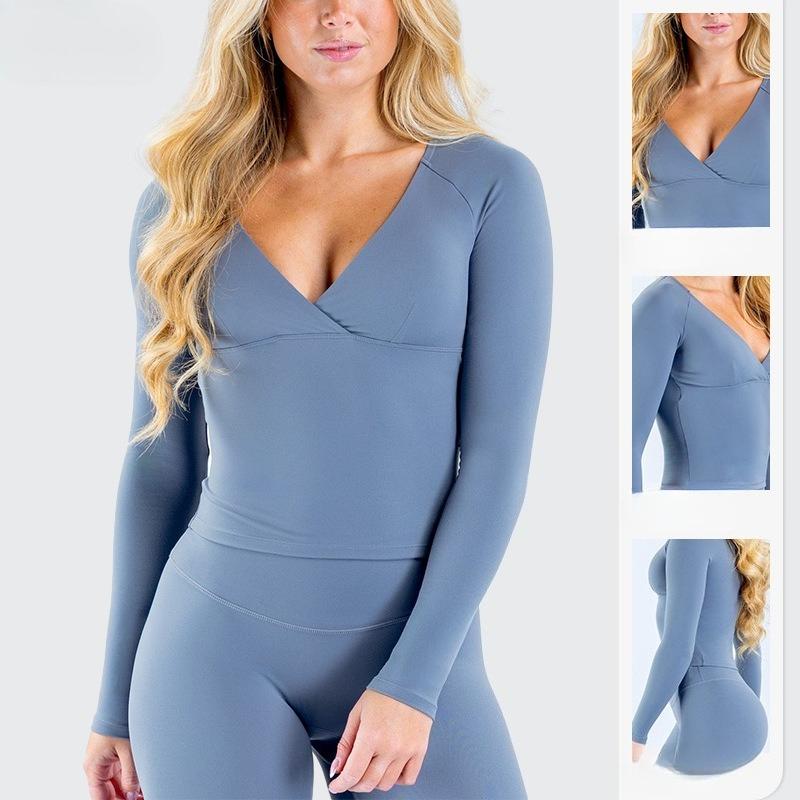 ENYFD Long Sleeve V Neck Sports Top Women's Yoga Shirt Built-in Bra Slim Fit Breathable Workout Wear