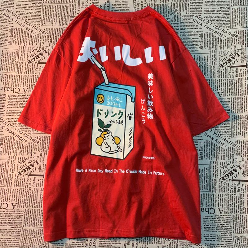 Cute Japanese Cat Print Oversized T-shirt Women Men Short Sleeve Loose Casual Tee Shirt Streetwear