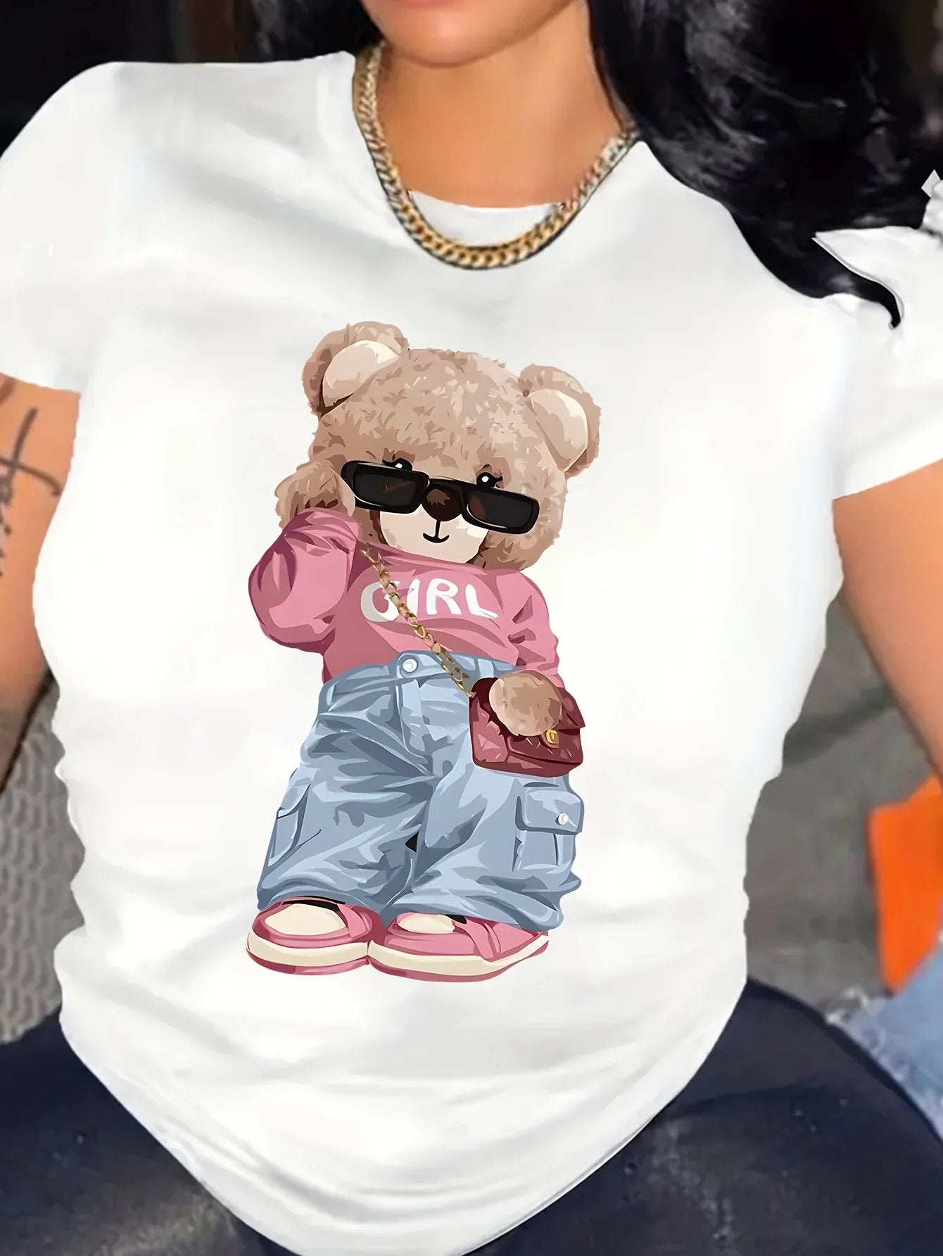 Cute Bear Print T-shirt Short Sleeve Crew Neck Casual Top For Summer & Spring Women's Clothing T